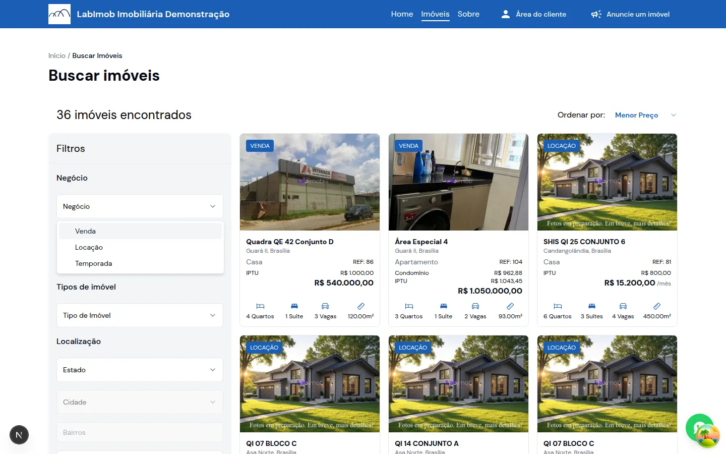 Filtro Negócio do portal com Venda, Locação e Temporada