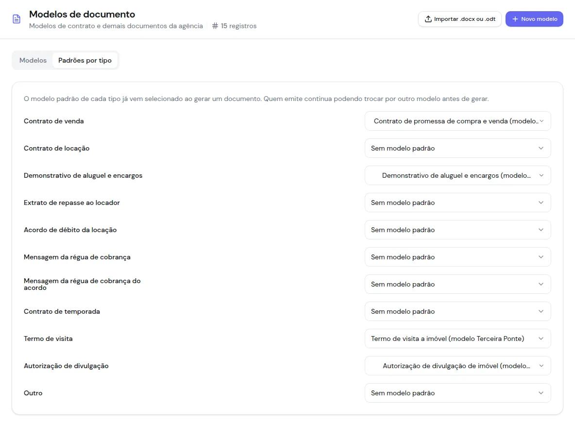 Aba Padrões por tipo com uma linha para cada tipo de documento