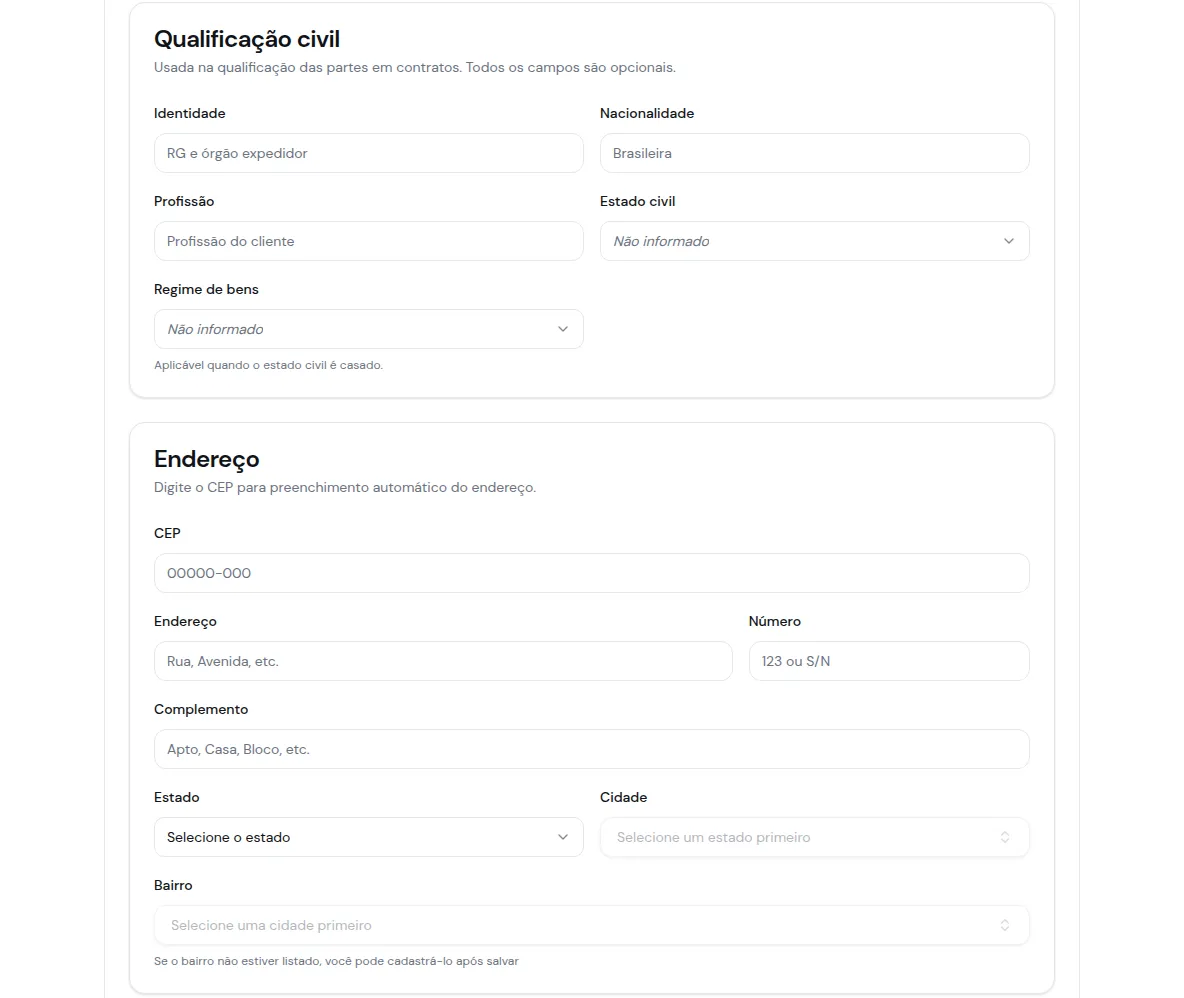Blocos de qualificação civil e endereço na ficha do cliente